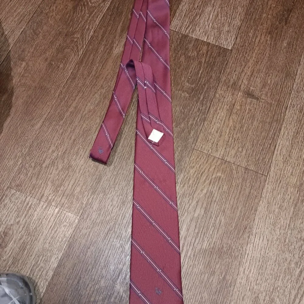 Vintage Christian Dior Designer Burgundy Brown Blue Stripe Silk Blend Tie Dad Me
